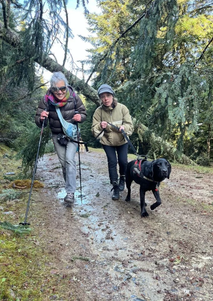 Deux randonneurs en compagnie d'un chien guide en forêt